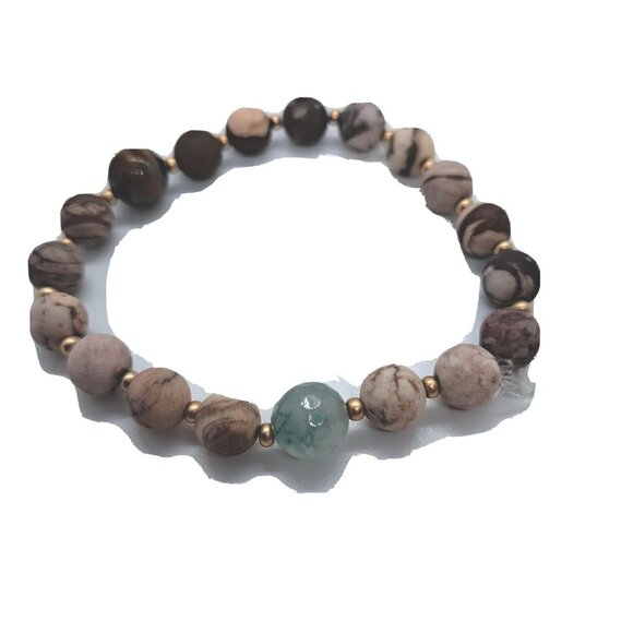 Handmade Matte 8mm SandStone Stretch Bracelet With Agate Accent Brown Tan Green - Picture 2 of 2